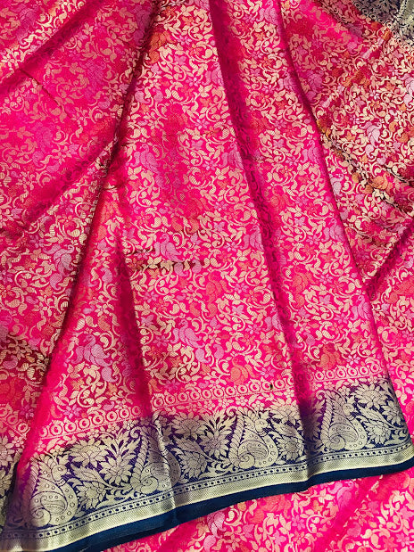 Soft Silk Peacock Motif Saree With Contrast Blue Border in Yuma