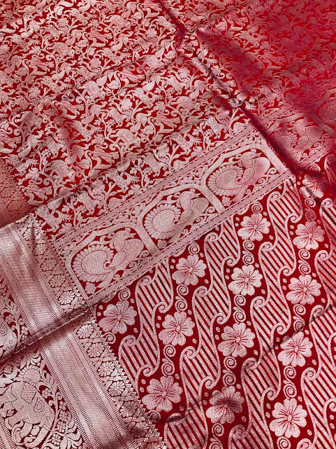 Alluring Red Color Pure Kanchi Silk Silver Zari Work Saree In Mesa