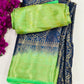 Attractive Blue Color Banarasi Soft Silk Saree With Contrast Green Border