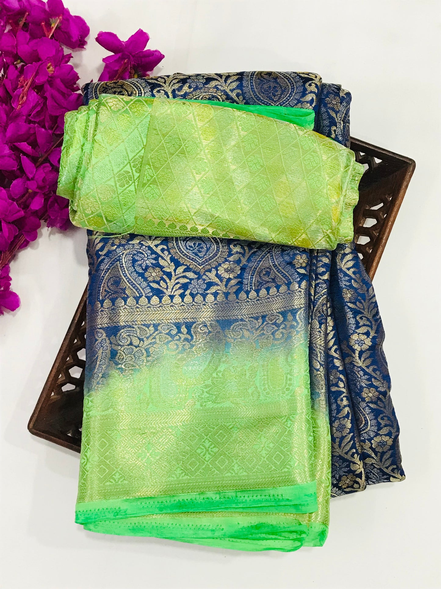 Attractive Blue Color Banarasi Soft Silk Saree With Contrast Green Border In USA