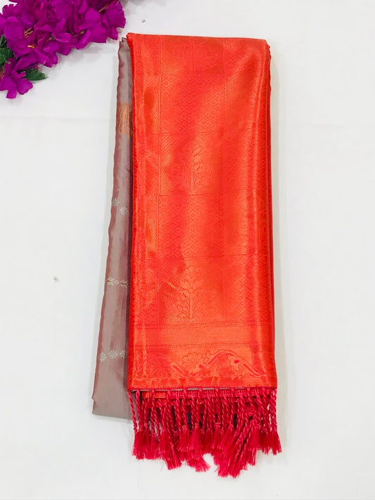 Attractive Gray Color Soft Silk Saree With Designer Bordered For Women