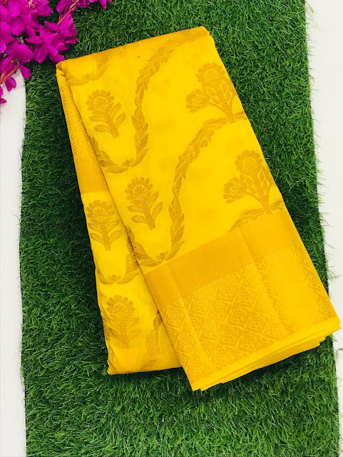 Yellow Color Flower And Leaf Designed Saree In Tempe