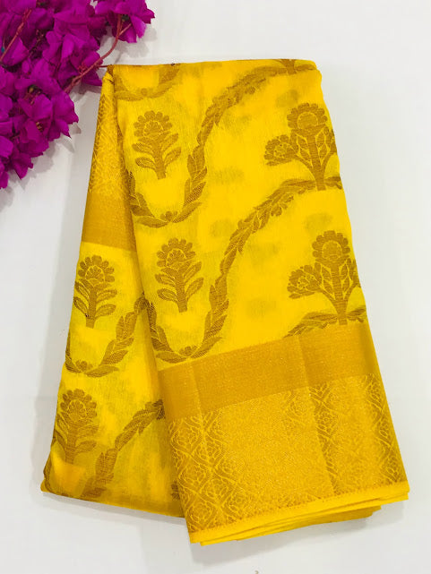 Beautiful Yellow Color Flower And Leaf Designed Silk Cotton Saree