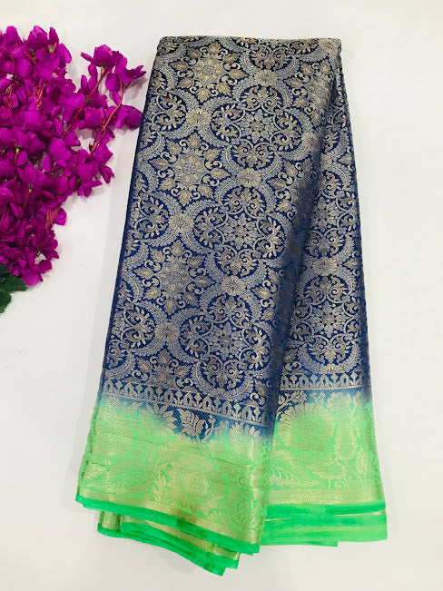 Charming Blue Color Banarasi Soft Silk Flower Modify Saree With Brocade Blouse