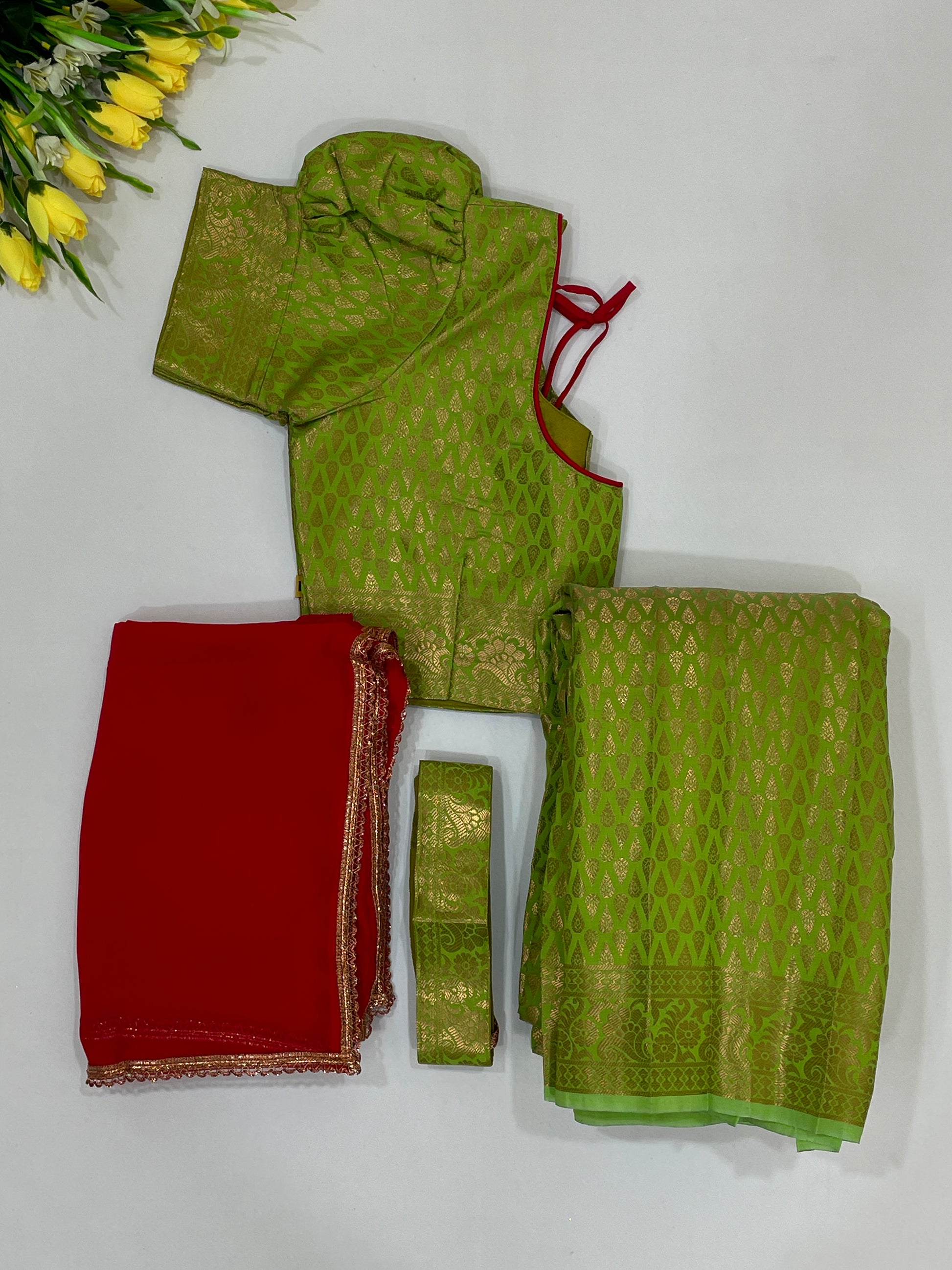 Beautiful Green Colored Art Silk Half Saree Set Near Me