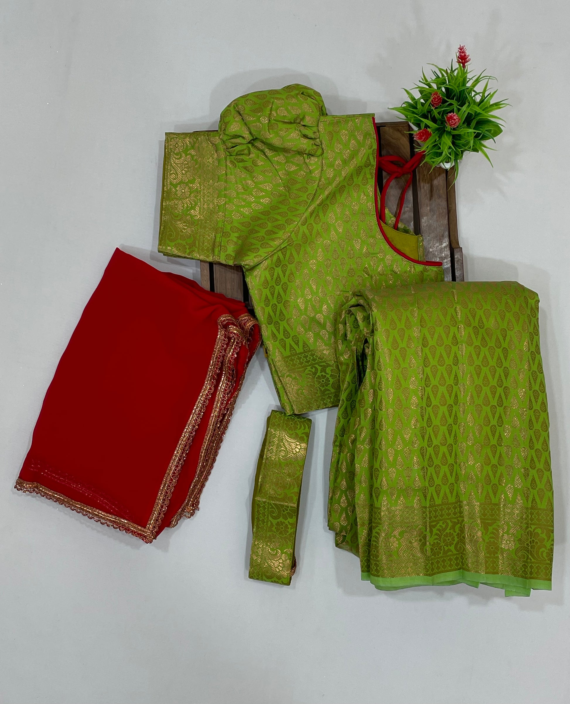 Green Colored Art Silk Half Saree Set In USA
