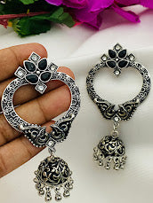 Pretty Oxidized Silver Tone Earrings With Jhumkas