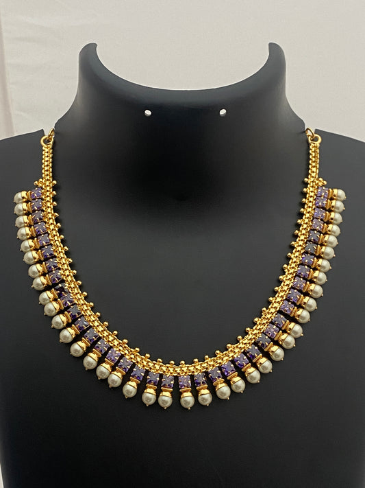 Gorgeous Purple Stoned Necklace With Pearl Beaded