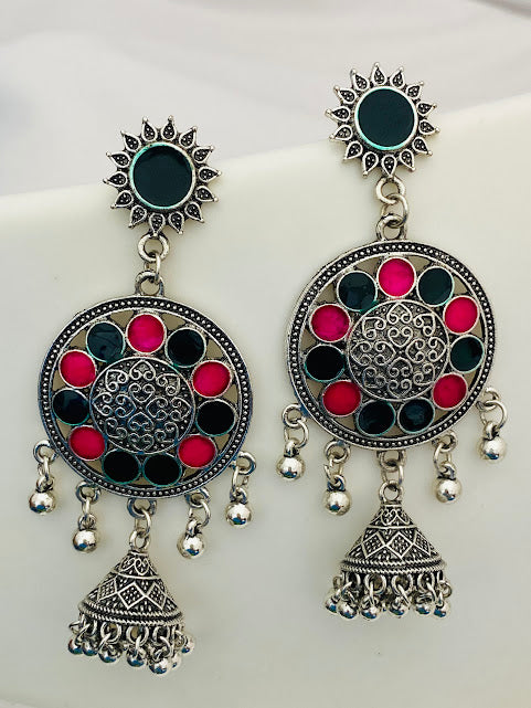 Oxidized Green And Red Designer Enameled Earrings Near Me