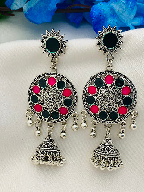 Beautiful Oxidized Green And Red Designer Enameled Earrings