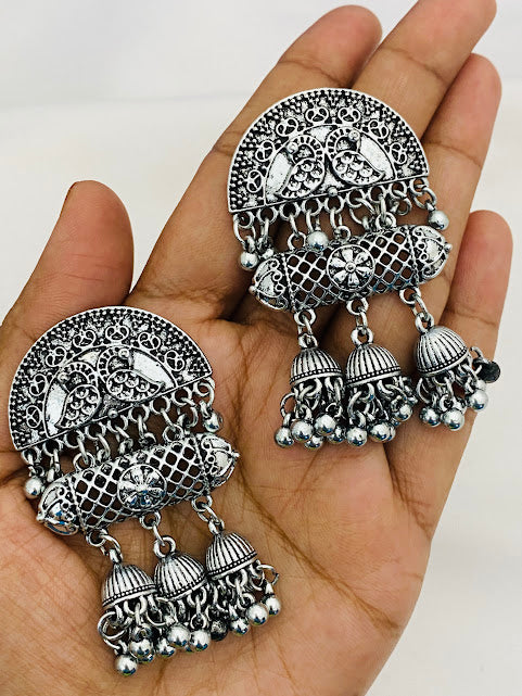 Oxidized Peacock And Trio Jhumka Earrings In USA