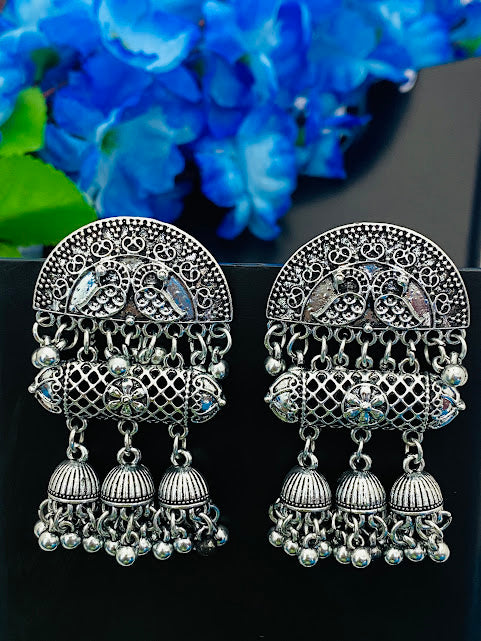 Beautiful Oxidized Peacock And Trio Jhumka Earrings With Hanging