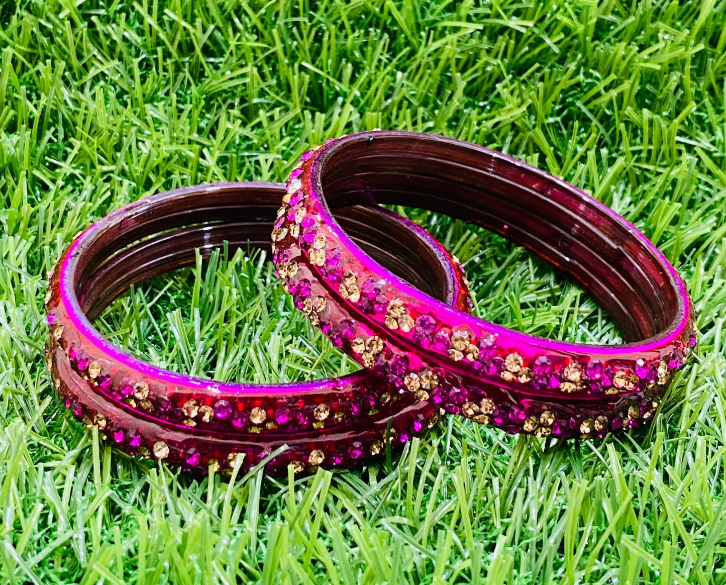 Rani Pink Color Stoned Design Glass Bangles Near me