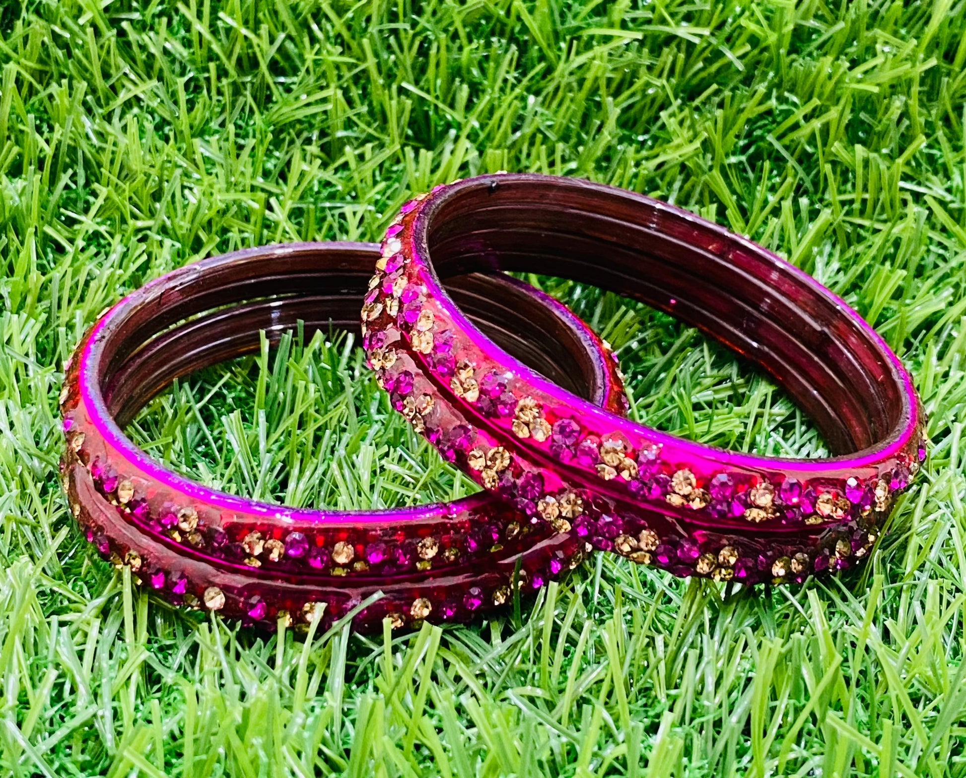 Rani Pink Color Stoned Design Glass Bangles Near me