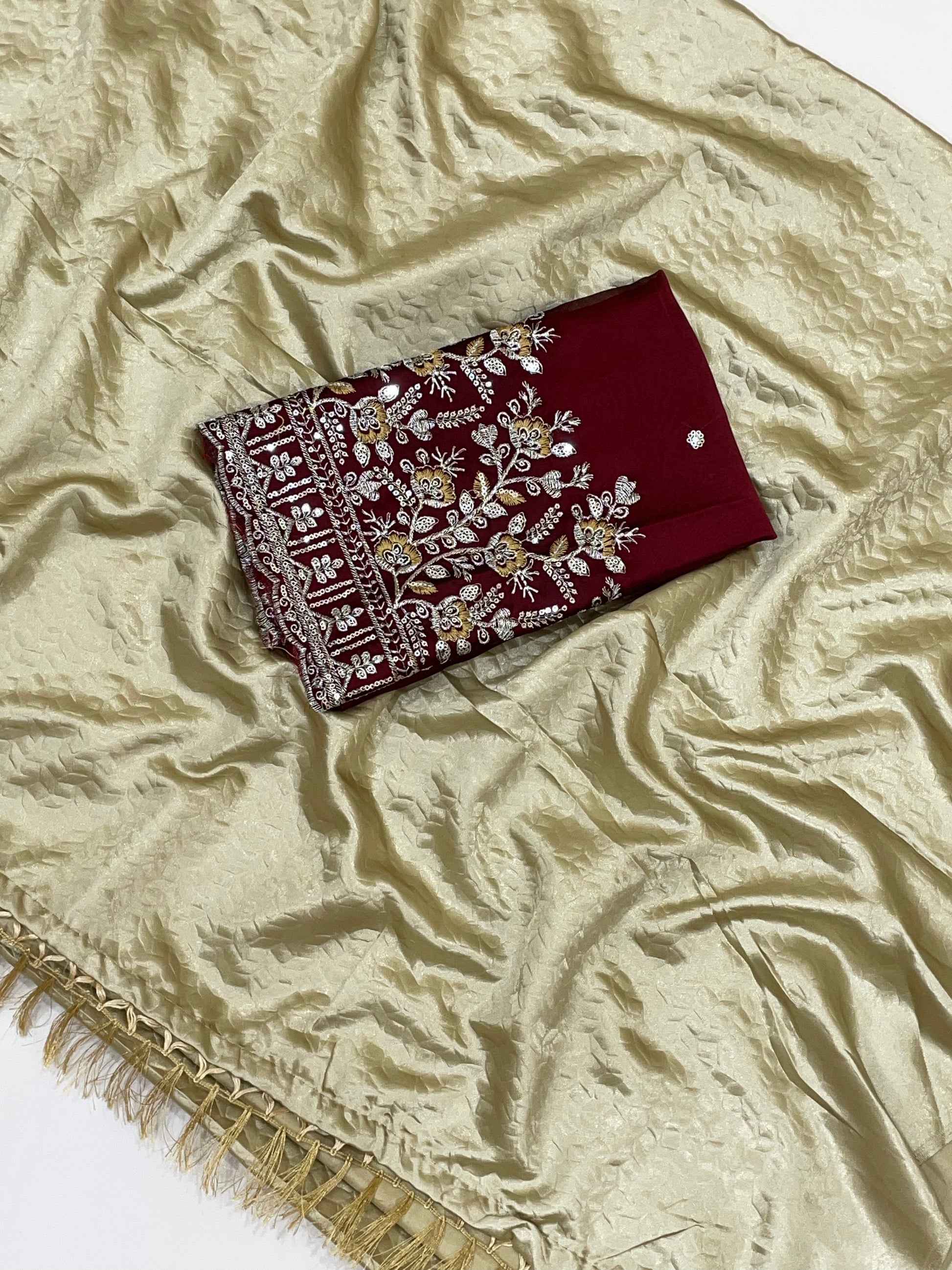 Beige Color Chiffon Saree With Designer Zari Work In Chandler