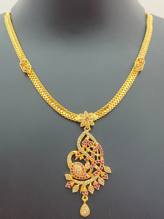 Elegant Gold Plated Ruby Stoned Peacock Design Necklace
