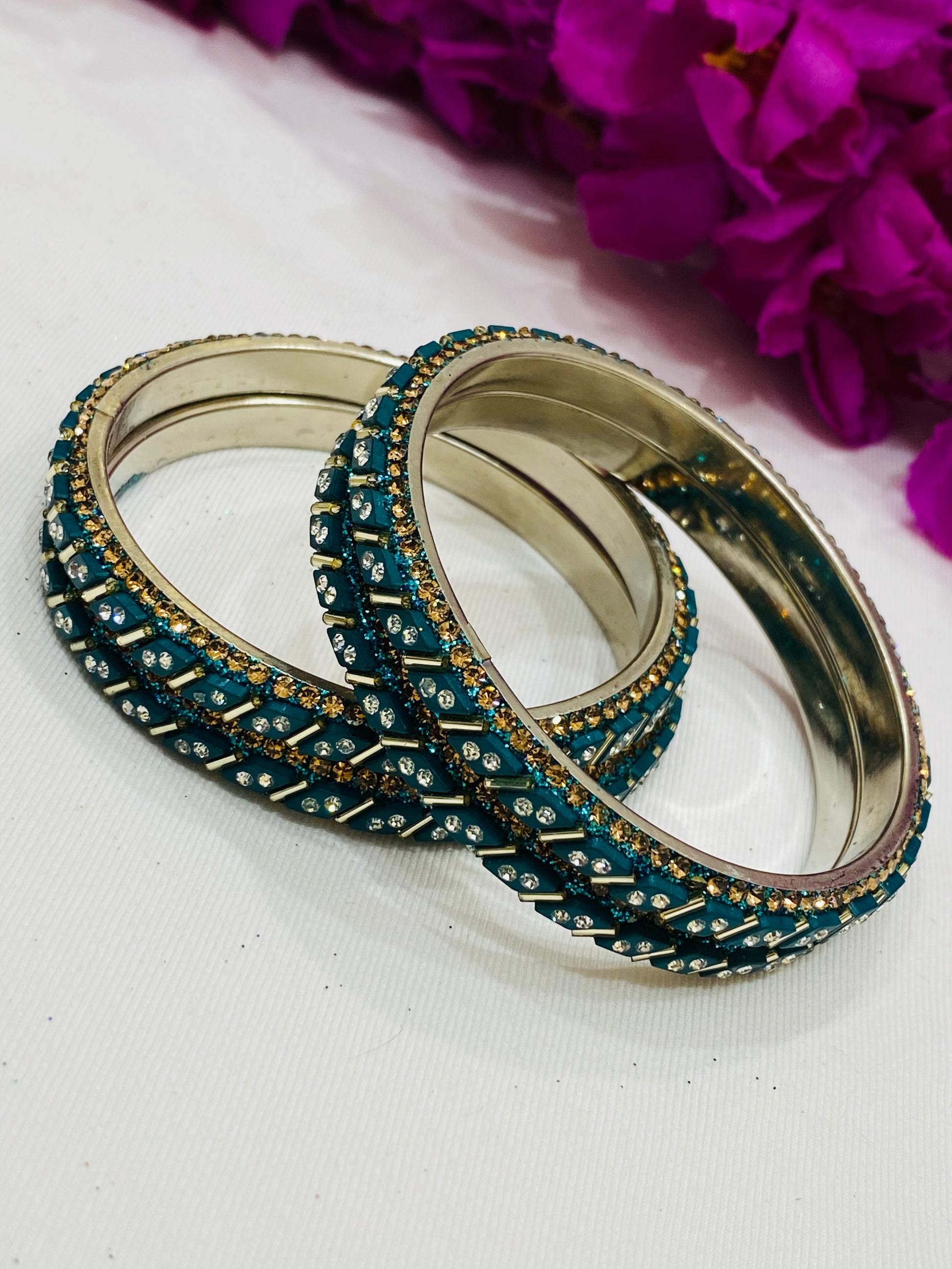 Lovely Teal Green Metal Bangles With White Stone Work Near Me