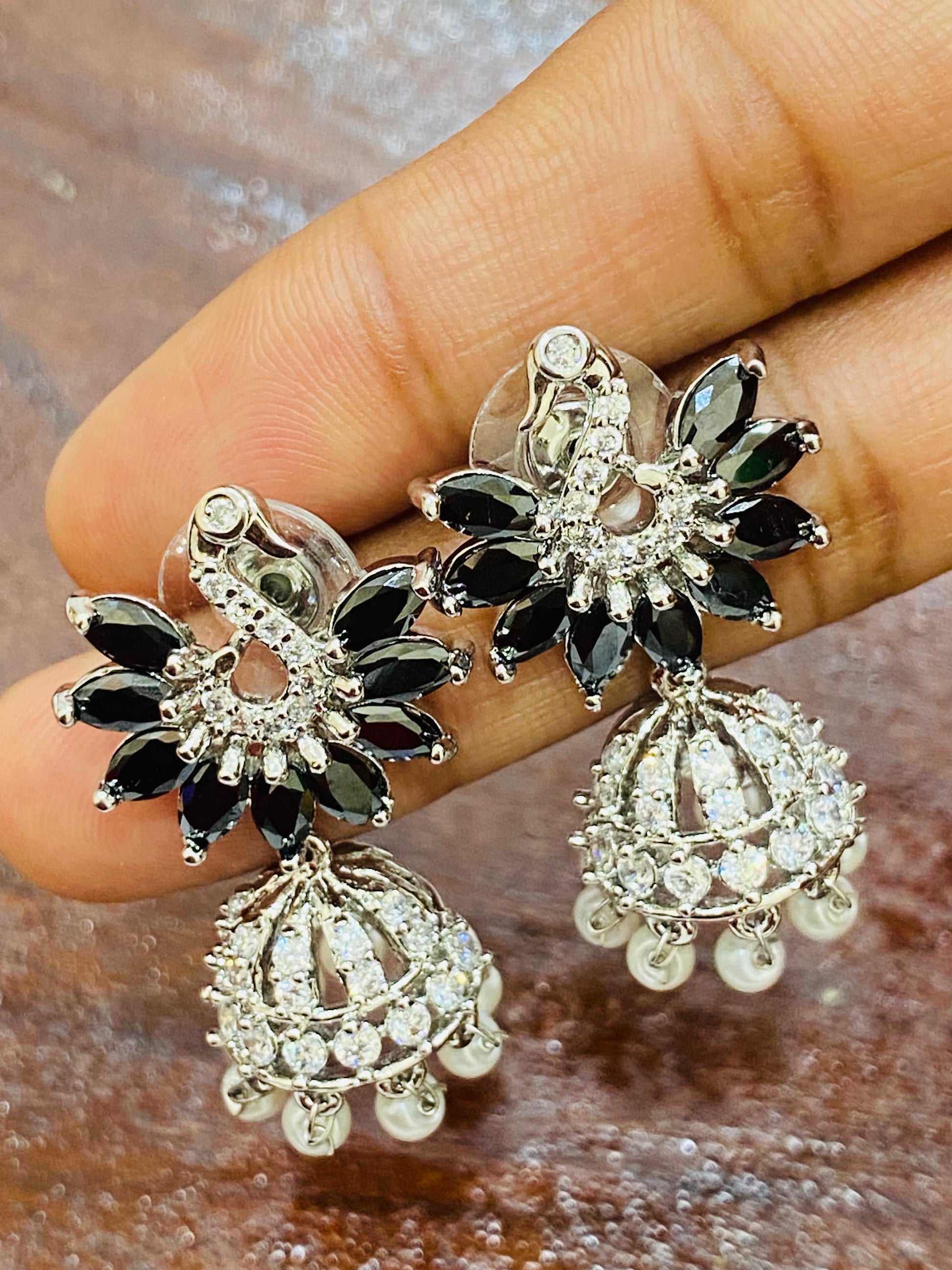 Pretty Black Colored Peacock Design American Diamond Earrings Near Me