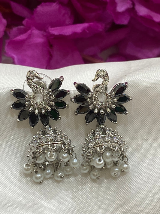 Pretty Black Colored Peacock Design American Diamond Earrings