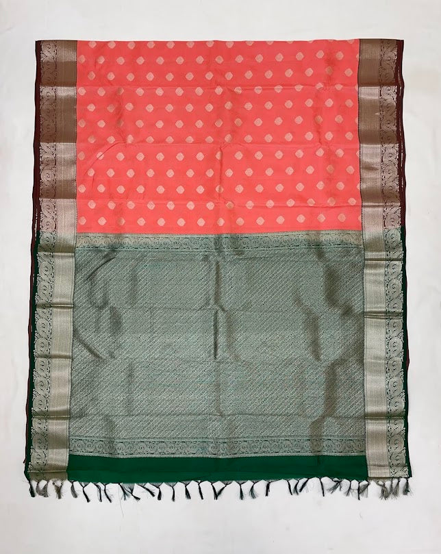 Peach Color Pure Kanchi Silk Gold Zari Work Saree In Yuma