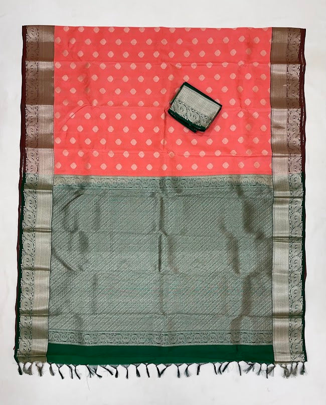 Peach Color Pure Kanchi Silk Gold Zari Work Saree In Suncity