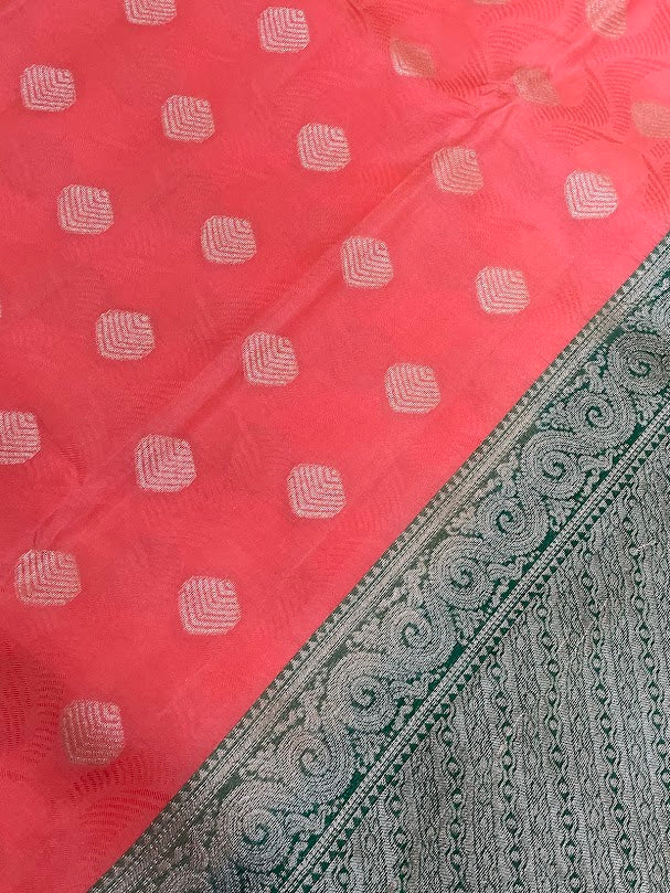 Peach Color Pure Kanchi Silk Gold Zari Work Saree In Mesa