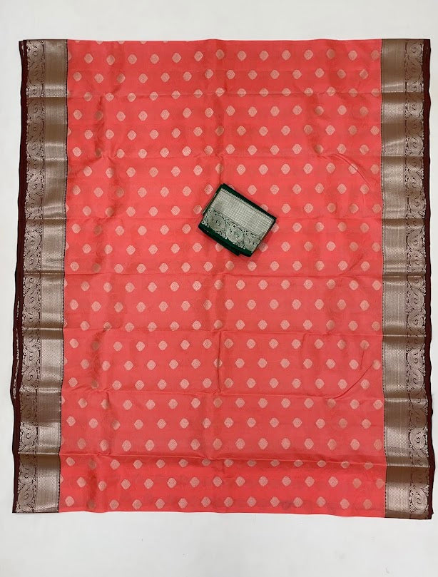 Peach Color Pure Kanchi Silk Gold Zari Work Saree In Surprise