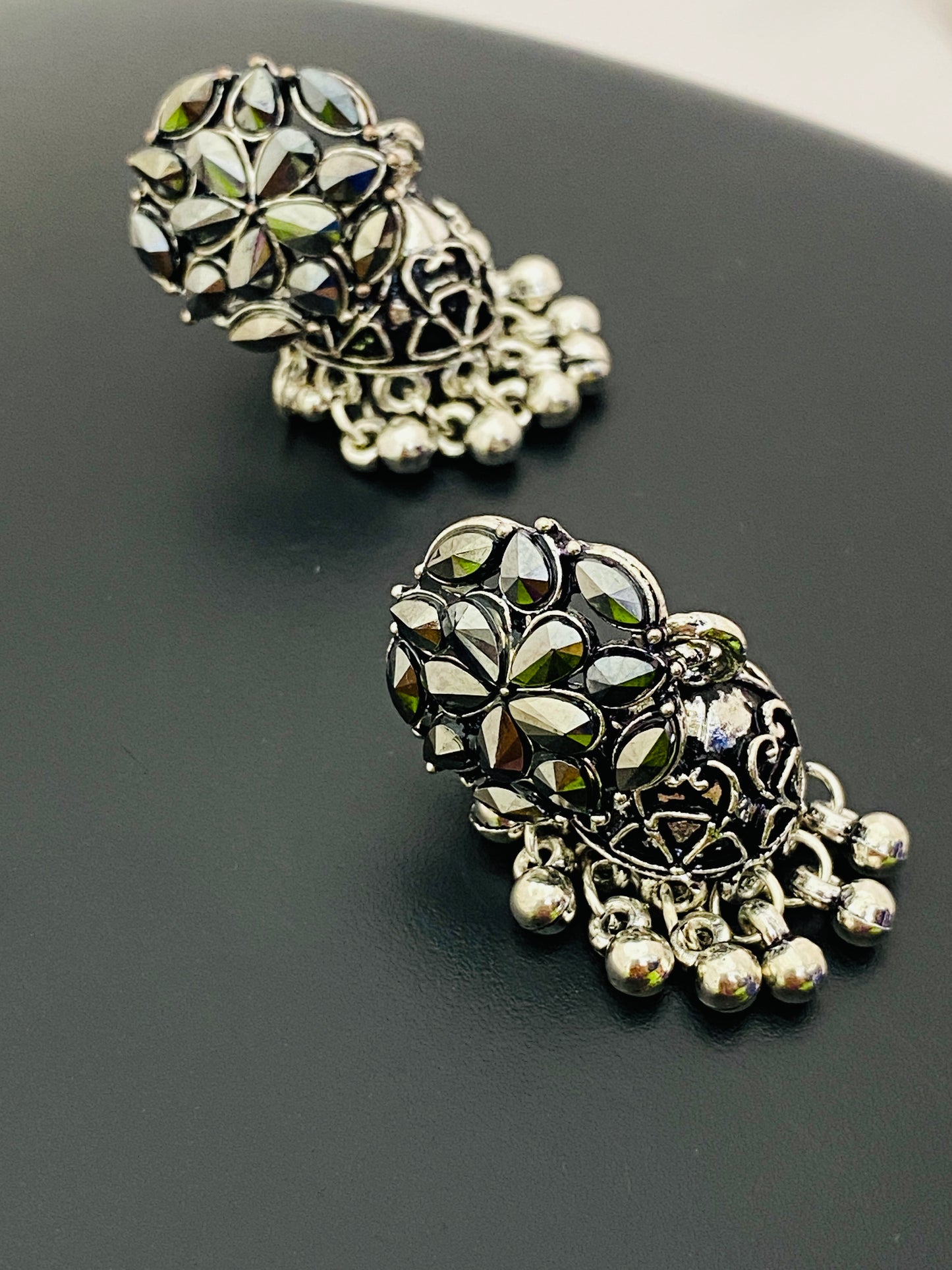 Appealing Oxidised Silver Color Flower Designer With Beads Jhumka Earrings In Suncity
