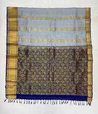 Gray Color Pure Kanchi Silk With Gold Zari Work And Blue Pallu Saree In Chandler