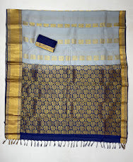 Gray Color Pure Kanchi Silk With Gold Zari Work And Blue Pallu Saree In Mesa