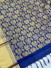 Gray Color Pure Kanchi Silk With Gold Zari Work And Blue Pallu Saree In Tempe