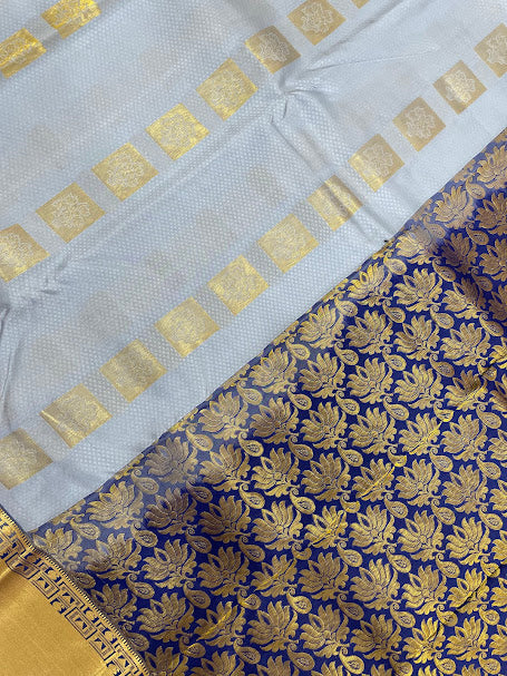 Gray Color Pure Kanchi Silk With Gold Zari Work And Blue Pallu Saree In Yuma
