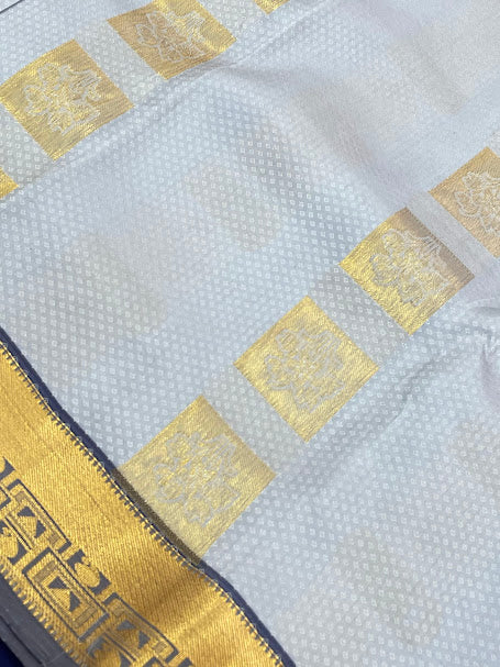 Gray Color Pure Kanchi Silk With Gold Zari Work And Blue Pallu Saree In Surprise