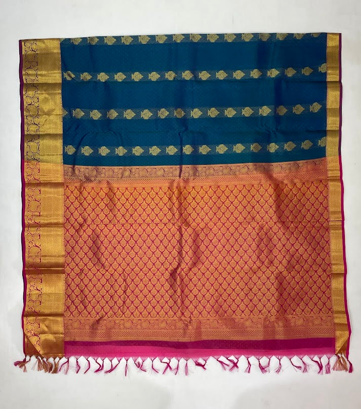 Peacock Blue Kanchi Silk Gold Zari Work Saree In Yuma