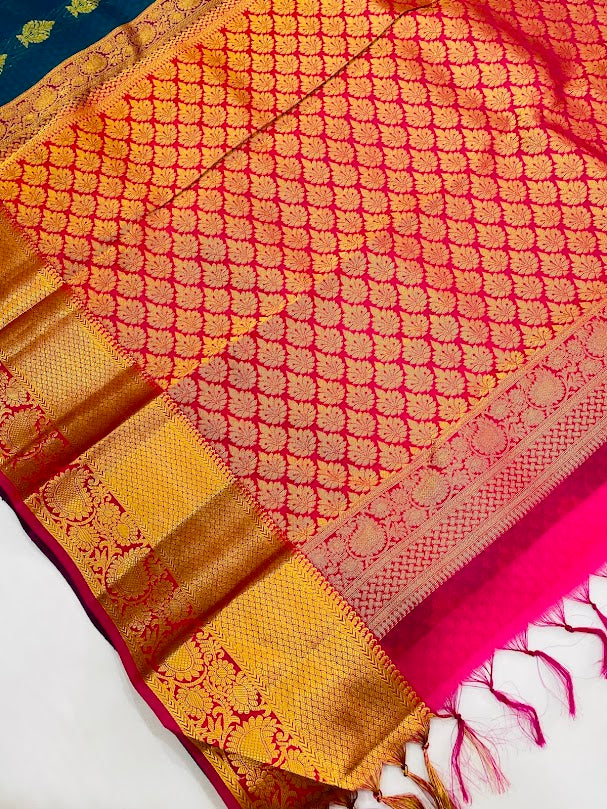 Peacock Blue Kanchi Silk Gold Zari Work Saree In Mesa