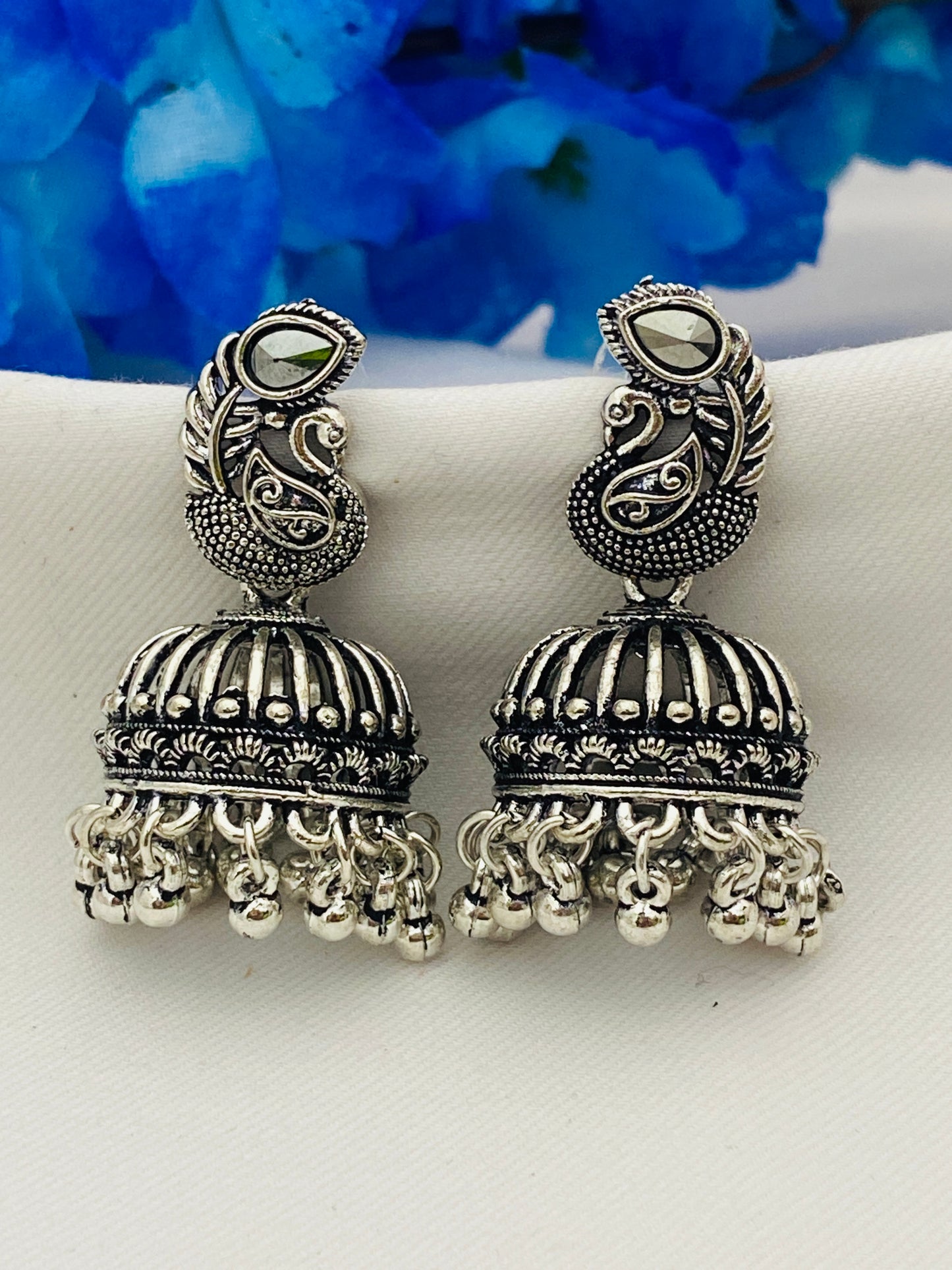 Elegant Traditional Silver Oxidized Designer Peacock Earrings In Chandler