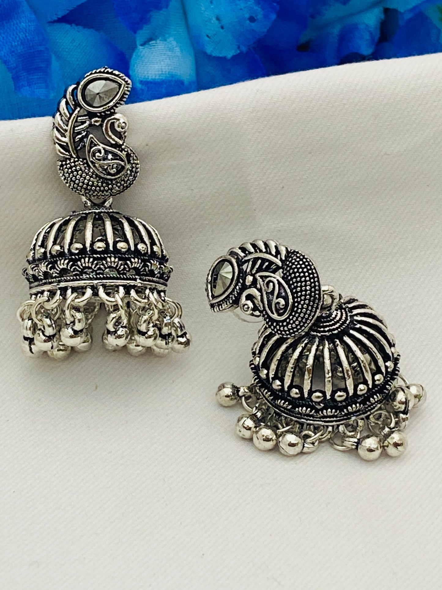 Elegant Traditional Silver Oxidized Designer Peacock Earrings With Beeds In Gilbert