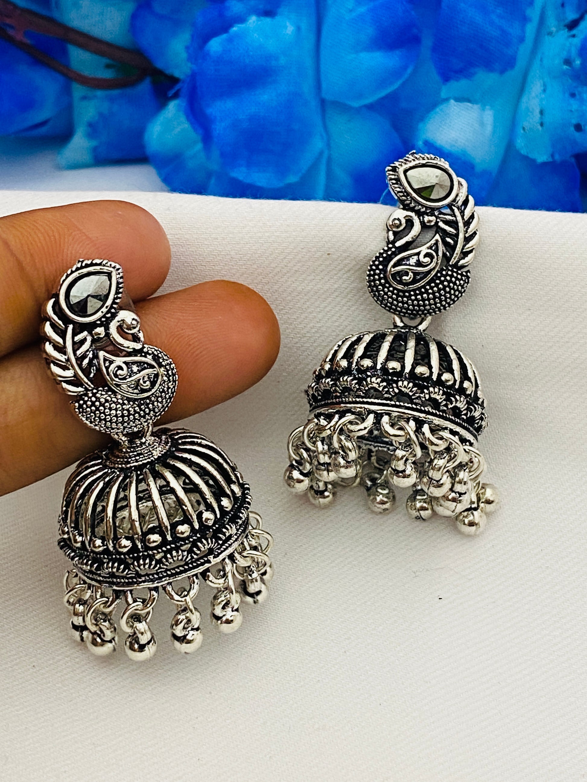 Elegant Traditional Silver Oxidized Designer Peacock Earrings In USA