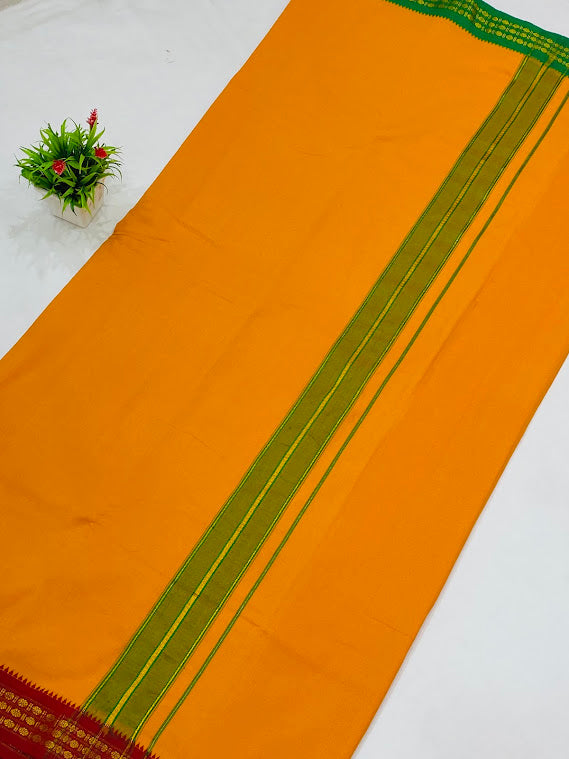Mustard Orange Cotton Dhoti With Maroon And Green Color Border And Matching Angavastram In USA
