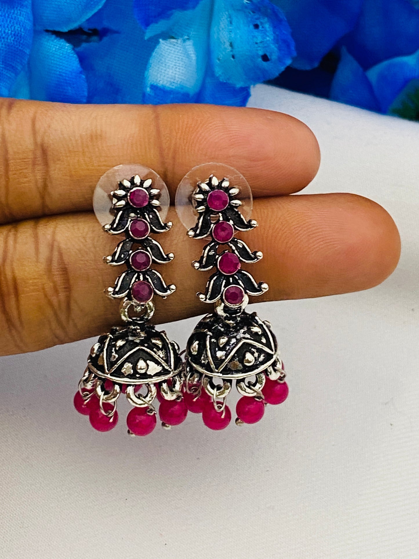 Pretty Oxidized Silver Studded Antique Pink Long Stone Earrings In USA