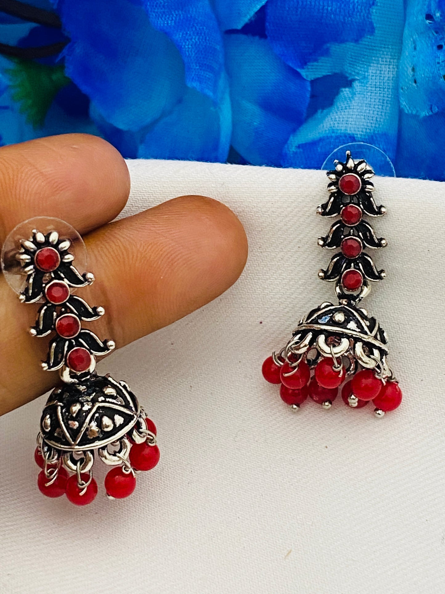 Lovely Red Floral Design Stone Dangle Jhumka In Happyjack