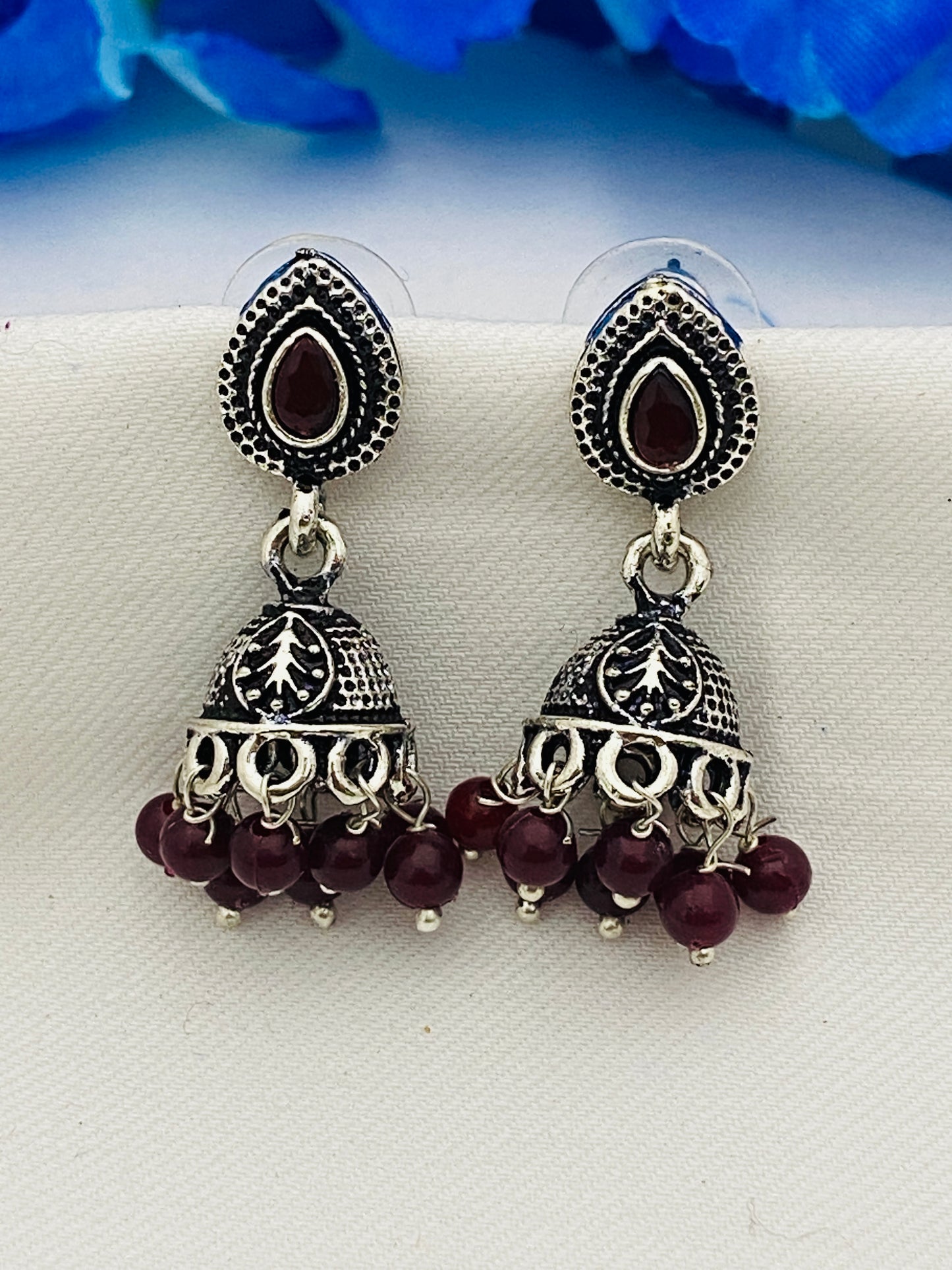 Beautiful Brown Color Crystal Ruby Silver Plated Oxidized Jhumka Earrings In USA