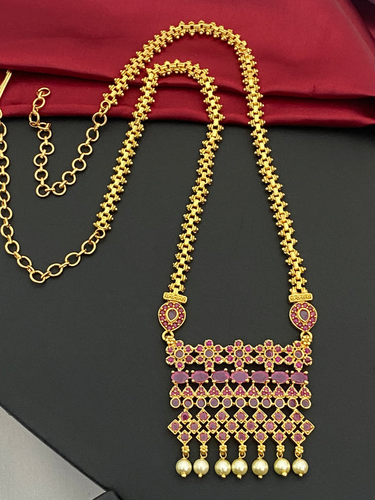 Stunning Ruby Colored Long Chain With Pearl Drops