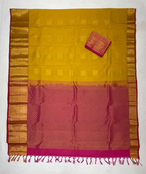 Pretty Mustard Yellow Color Pure Kanchi Silk Gold Zari Work Saree In Mesa