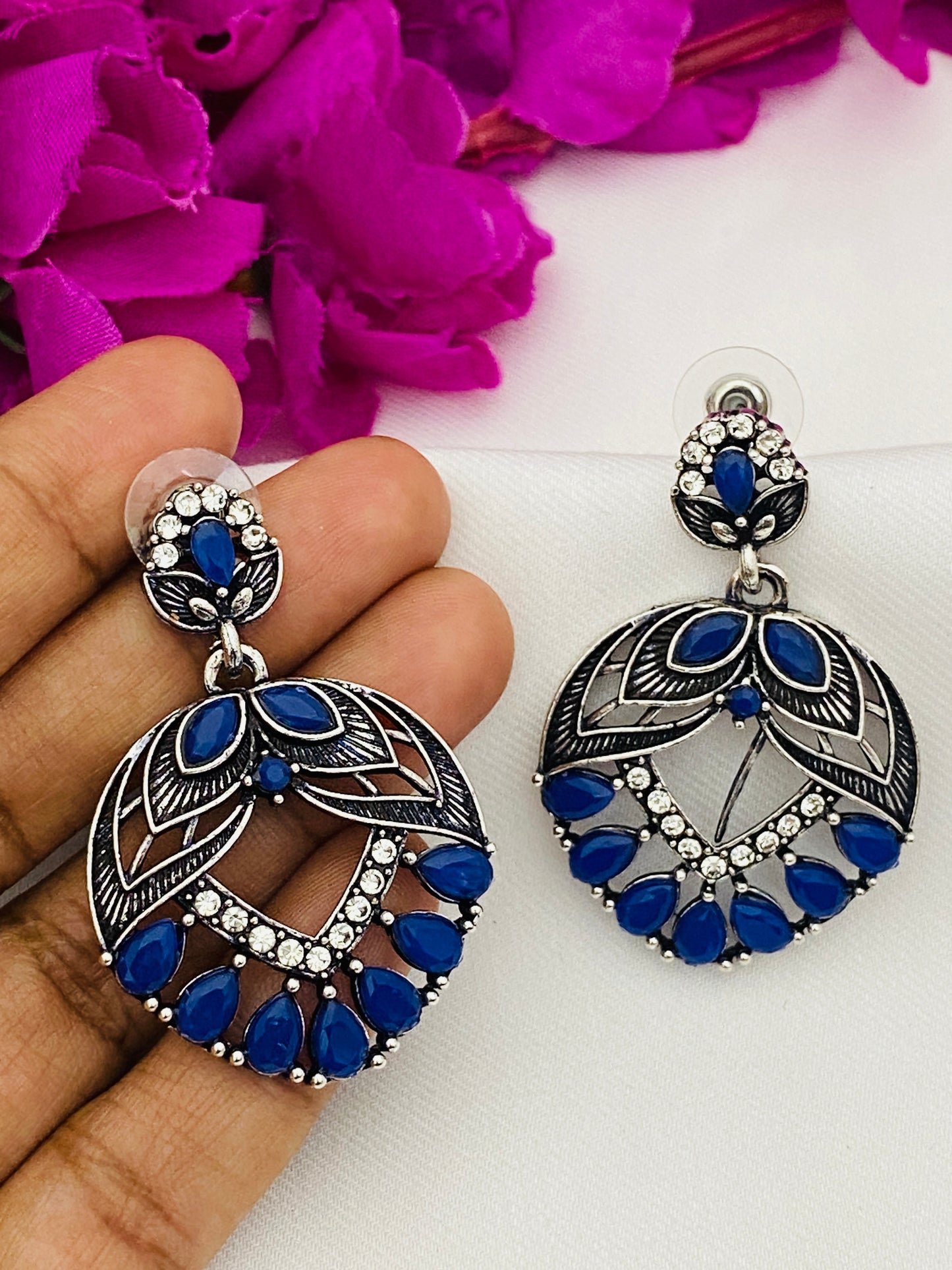 Blue Color Oxidized Earrings In USA