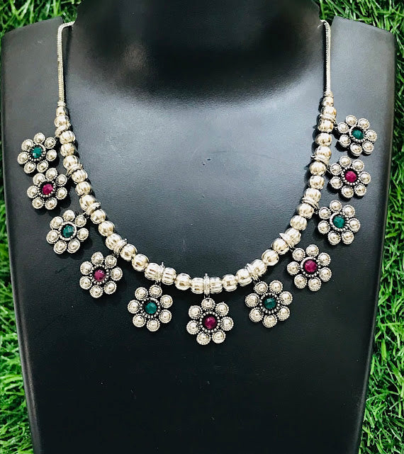Elegant Oxidized Necklace With Ruby And Green Color Stones