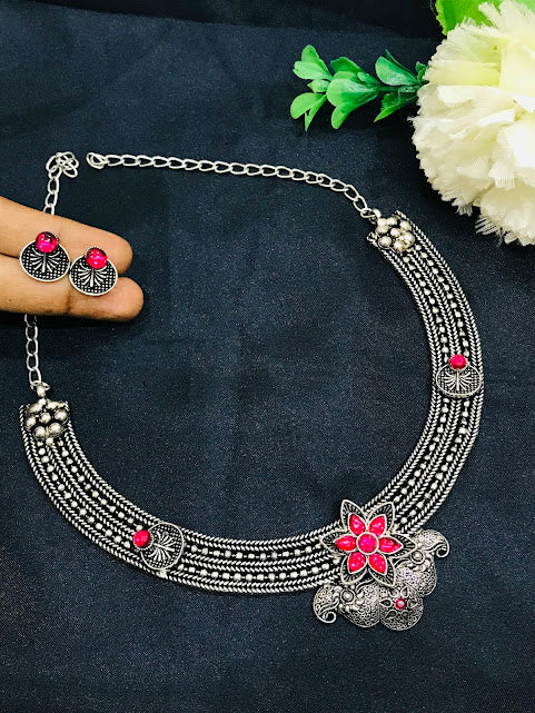 Fanciable Pinky Stone Oxidized Designer Necklace With Earrings Near Me