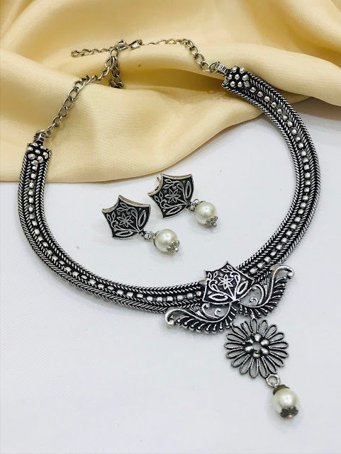 Charming White Beads Oxidized Necklace With Earrings Sets