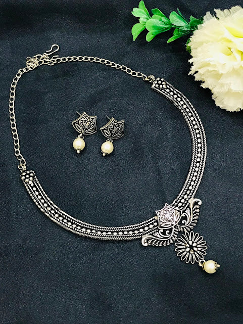 Charming White Beads Oxidized Necklace With Earrings Sets