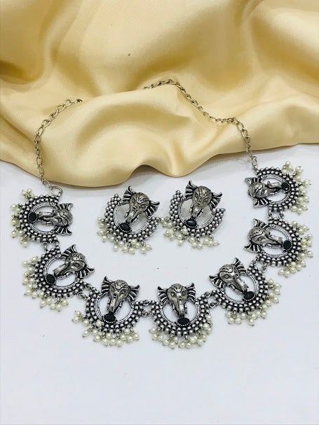 Elegant White Stones With White Beads Oxidized Necklace With Earrings Sets Near Me